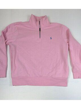 Polo Ralph Lauren Women Large Pink 1/4 Zip Pullover Fleece Sweatshirt Blue Pony